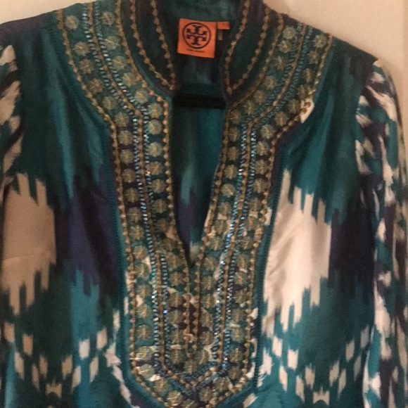 NWOT Tory Burch blue green silk ikat print tunic sz 4 - Picture 2 of 4